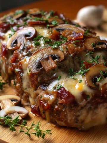 Bacon mushroom Swiss cheese meatloaf topped with caramelized mushrooms and melted Swiss on a wooden board.