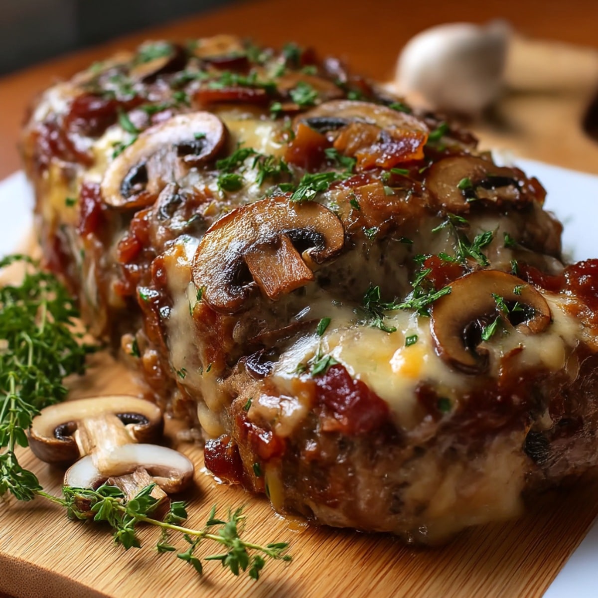 Bacon mushroom Swiss cheese meatloaf topped with caramelized mushrooms and melted Swiss on a wooden board.