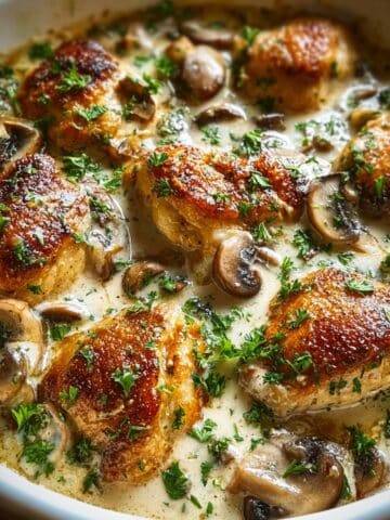 Baked chicken stroganoff with creamy mushroom sauce and golden seared chicken