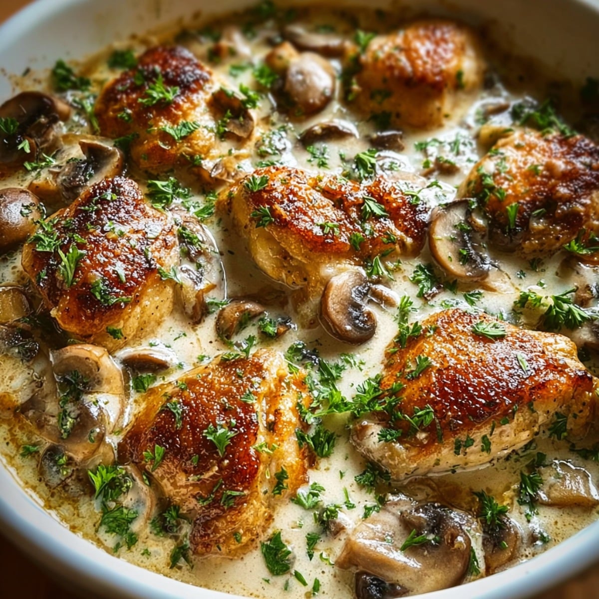 Baked chicken stroganoff with creamy mushroom sauce and golden seared chicken