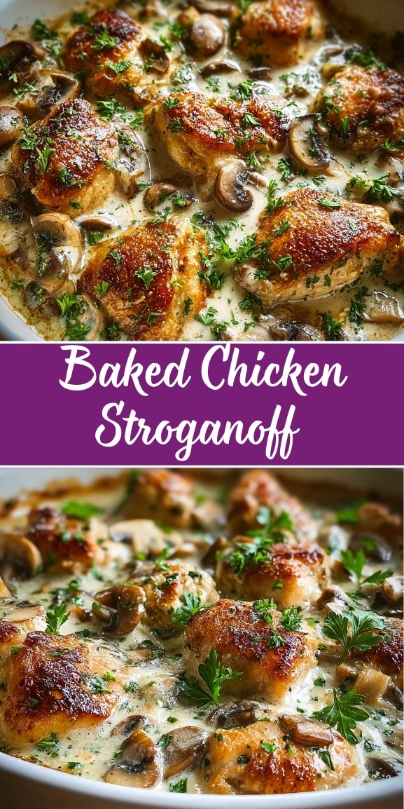 Baked chicken stroganoff recipe with creamy mushroom sauce and tender baked chicken