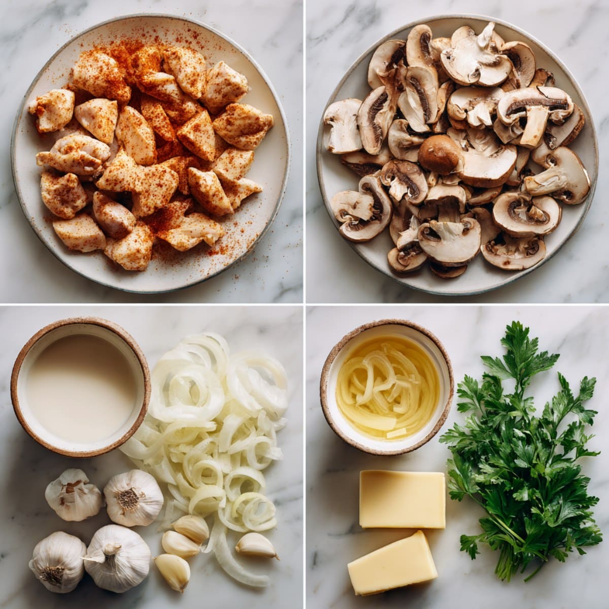 Ingredients for baked chicken stroganoff arranged in a 4-panel flat lay on a white marble kitchen counter.