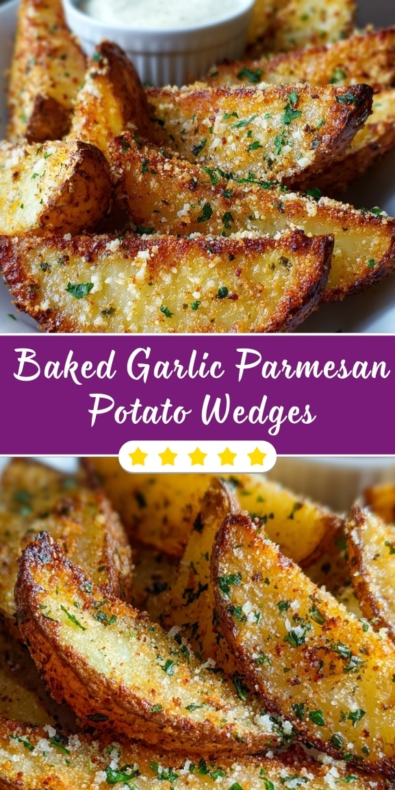 Crispy baked garlic parmesan potato wedges with golden edges, parmesan coating, and parsley, served with a creamy dipping sauce.