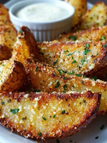 Crispy baked garlic parmesan potato wedges topped with parsley and served with a creamy dipping sauce.