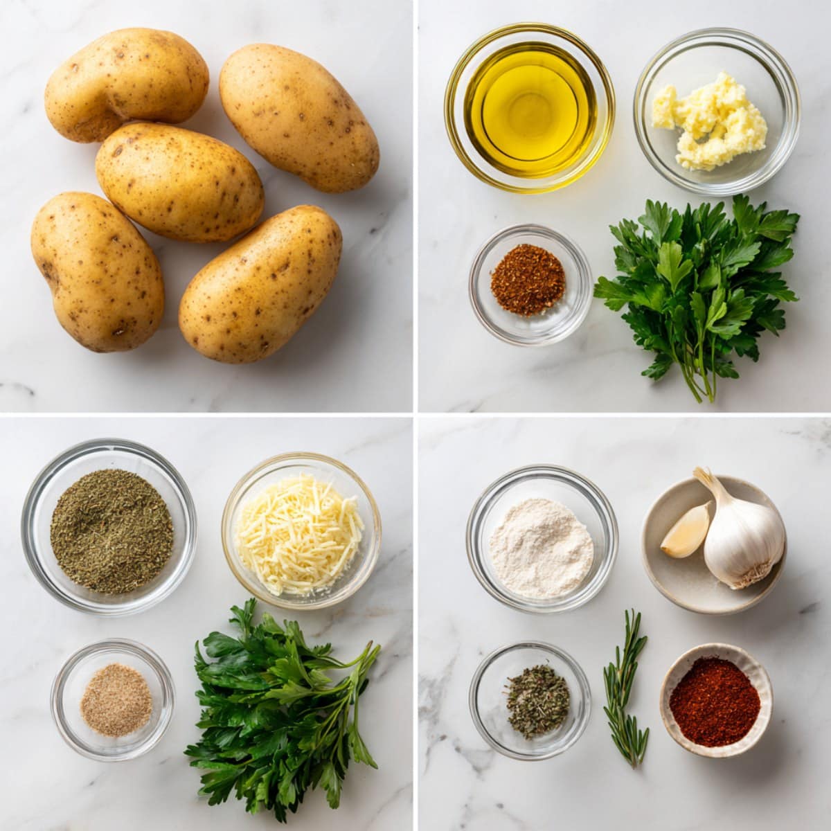Ingredients for baked garlic parmesan potato wedges arranged on a white marble counter.