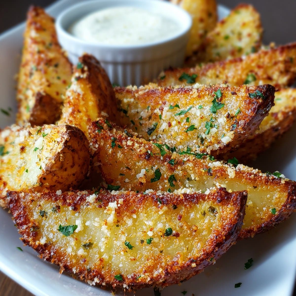 Crispy baked garlic parmesan potato wedges topped with parsley and served with a creamy dipping sauce.