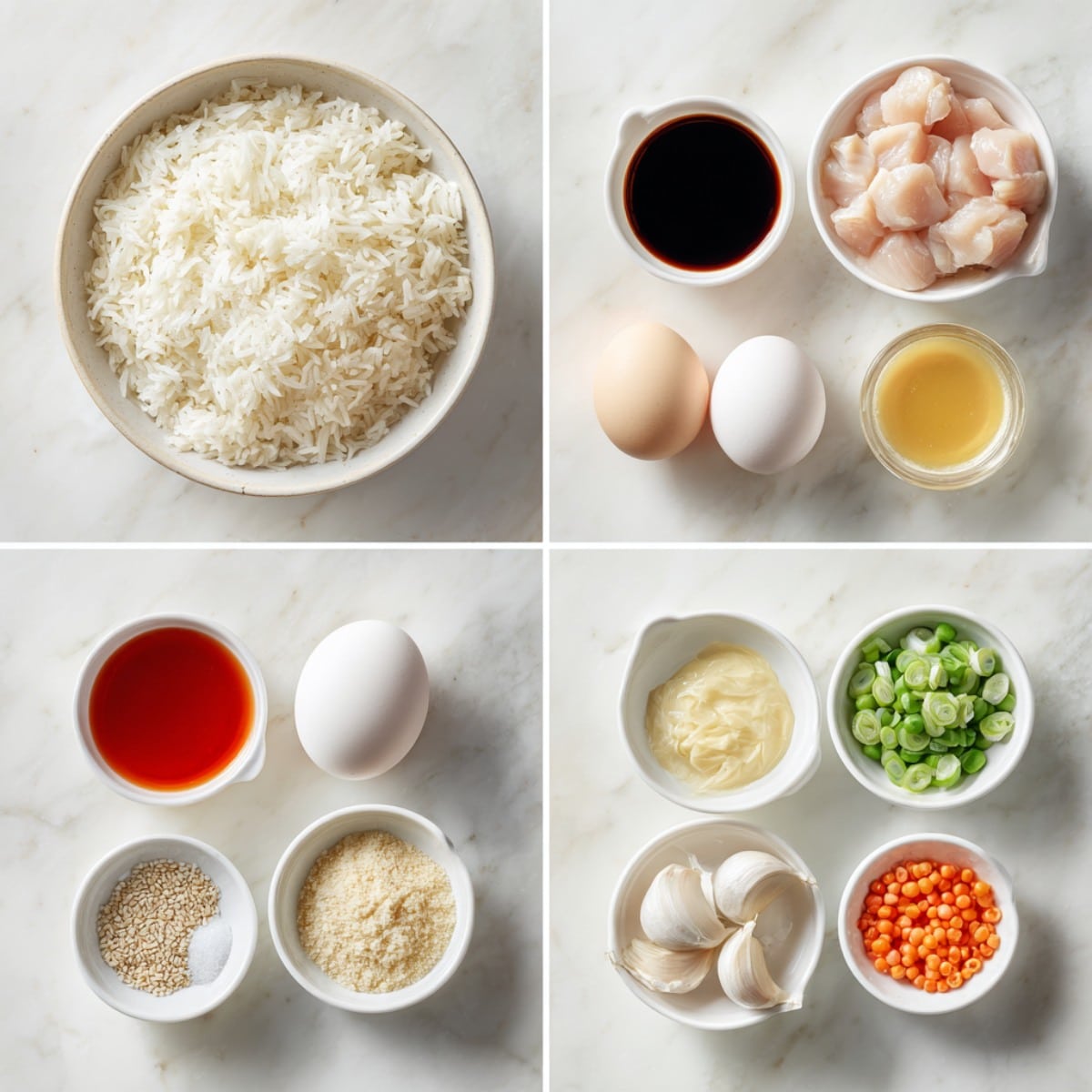Bang bang chicken fried rice ingredients laid out on a white marble counter.