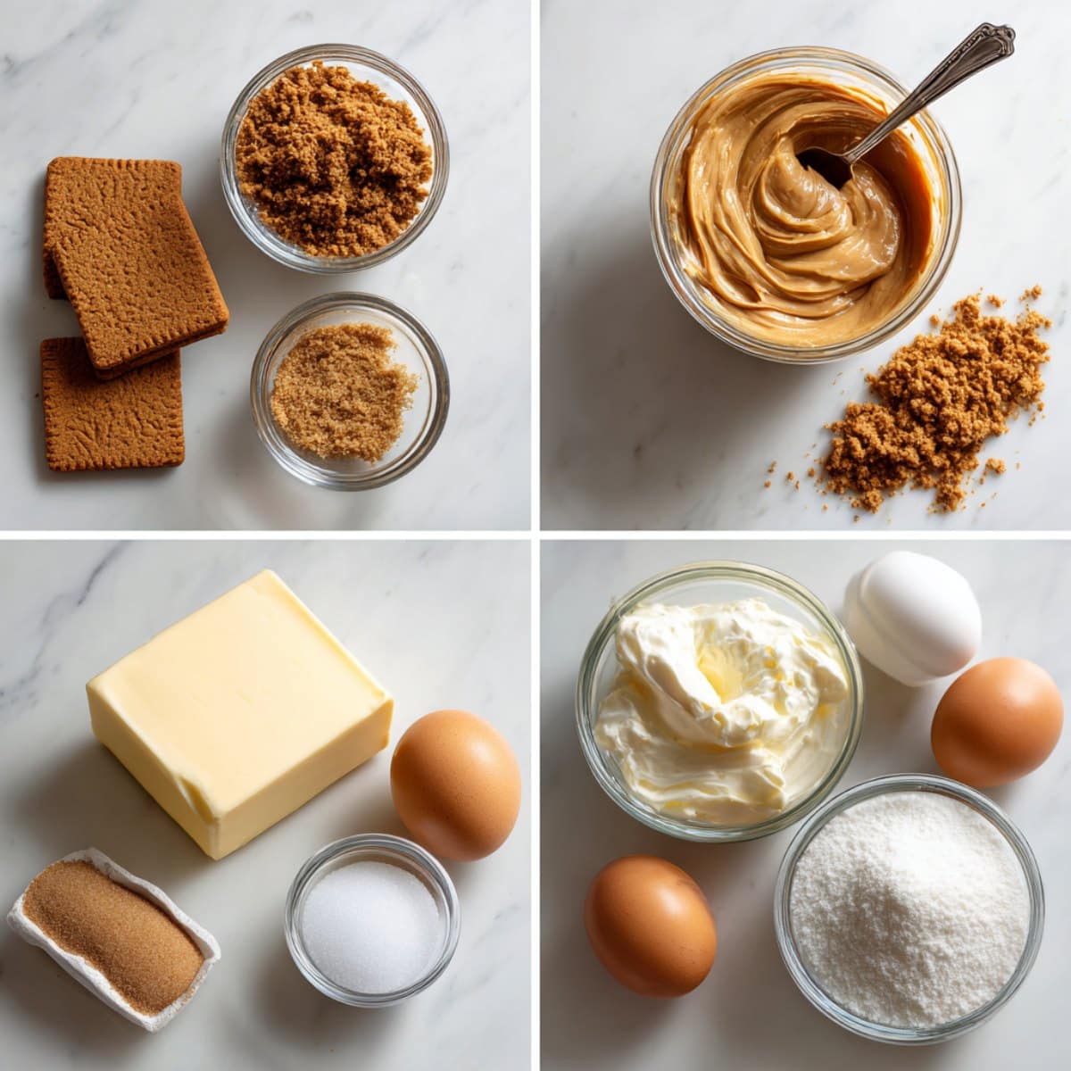 Biscoff cookie butter cheesecake ingredients laid out on a white marble counter.
