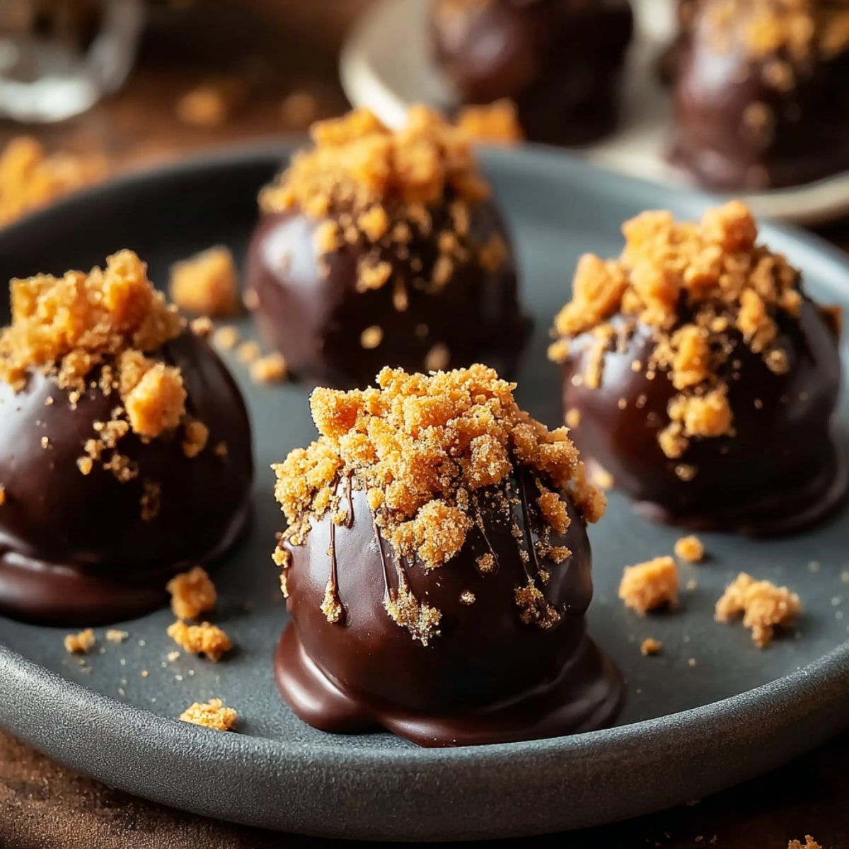 Chocolate-covered Biscoff cookie butter truffles topped with crunchy cookie crumbs