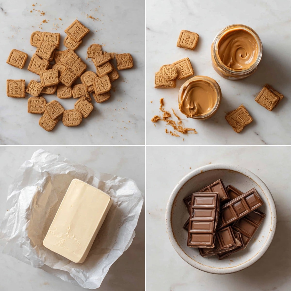 Ingredients for Biscoff cookie butter truffles arranged in a 4-panel flat lay on a white marble kitchen counter.