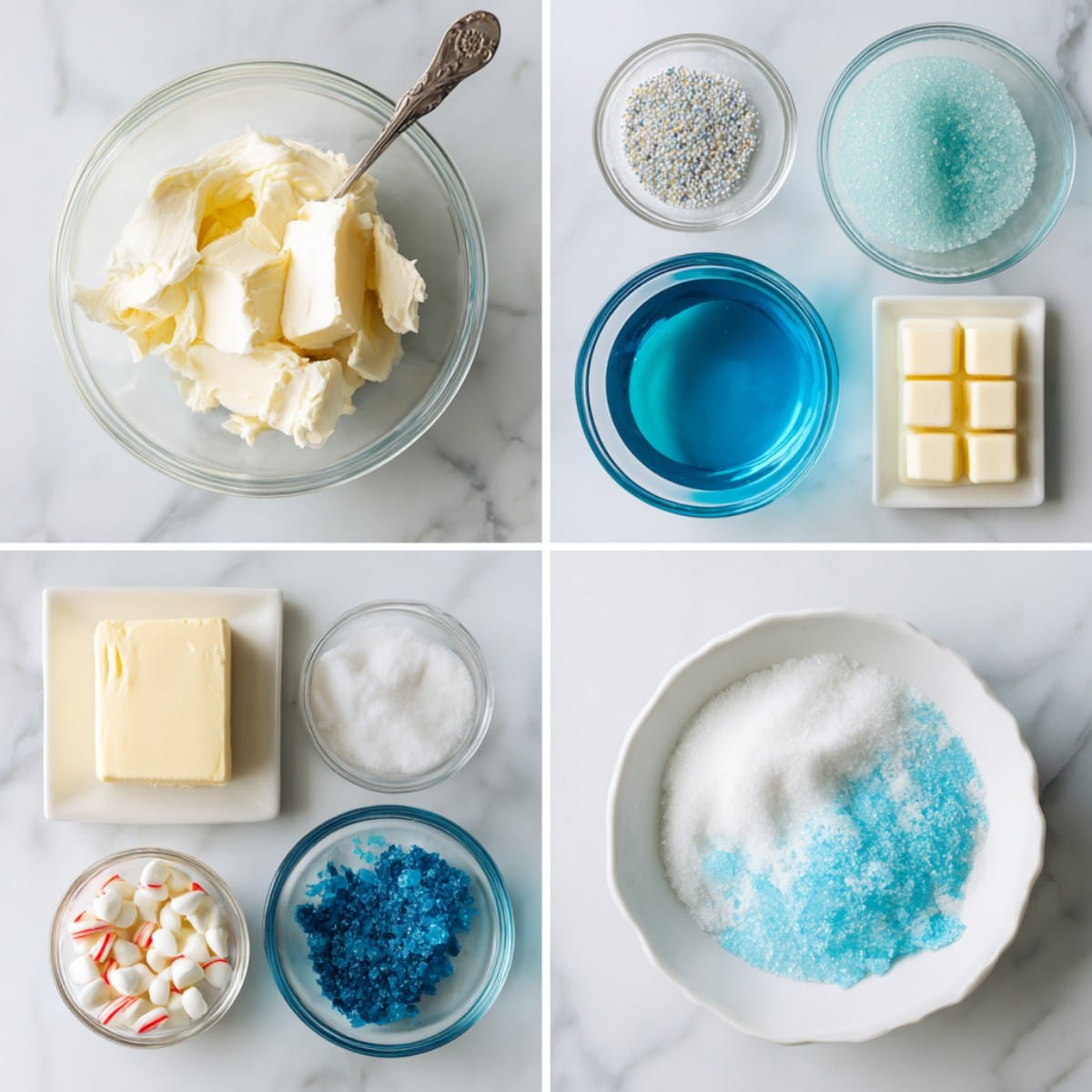 Blue Christmas truffles ingredients flat lay in a 4-grid on a white marble counter.