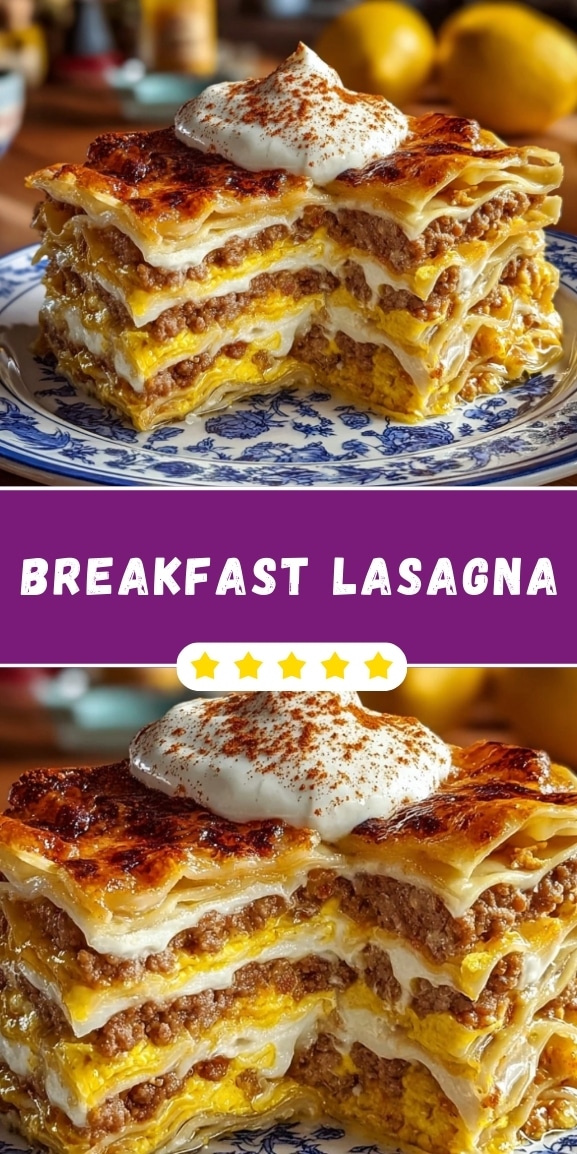 Breakfast lasagna pin graphic showing a layered pancake lasagna slice with sausage, scrambled eggs, and creamy cheese sauce, topped with sour cream and the text “BREAKFAST LASAGNA.”