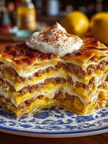 A golden slice of breakfast lasagna layered with thin pancakes, sausage, scrambled eggs, and creamy cheese sauce, topped with sour cream on a plate.