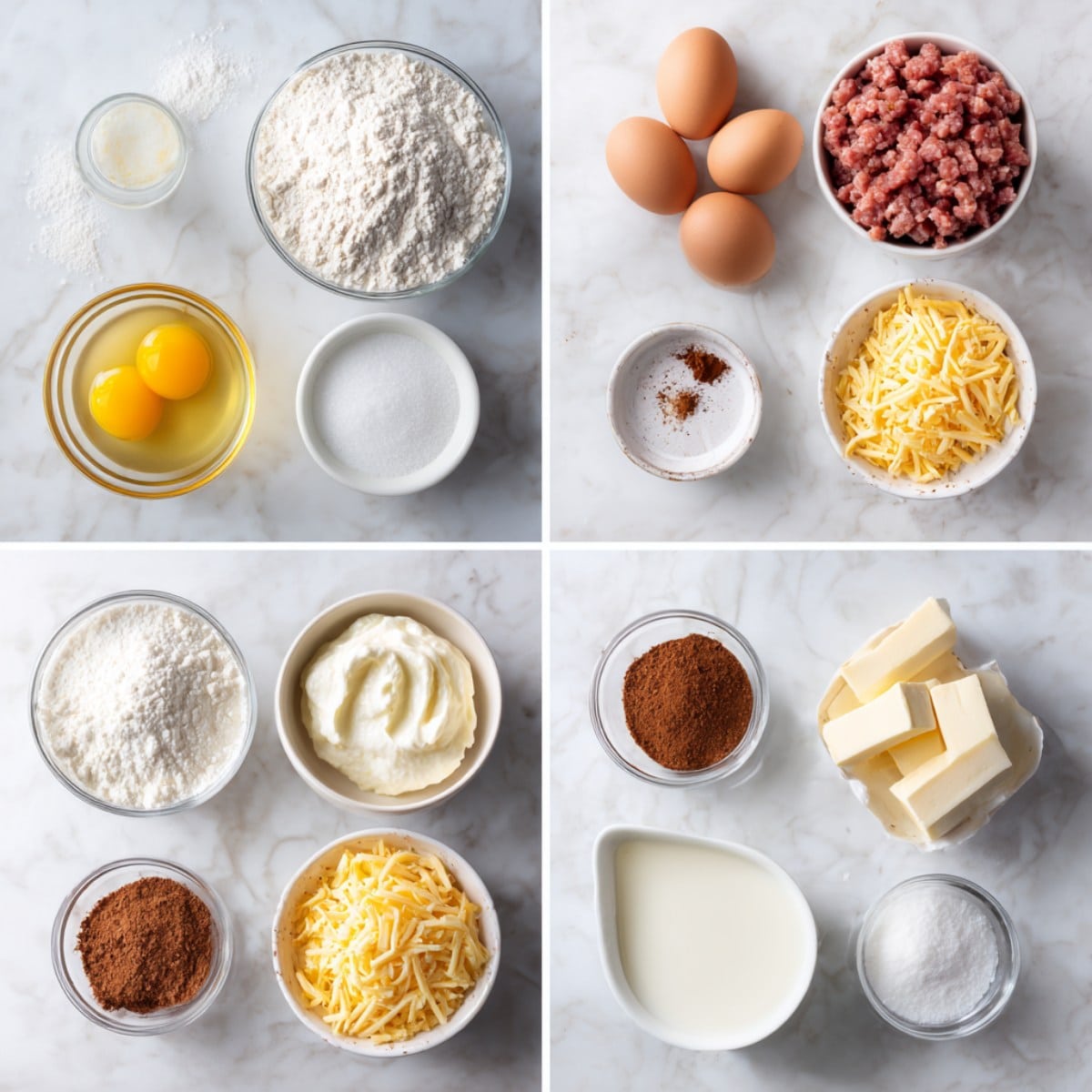 Breakfast lasagna ingredients on a white marble counter in a 4-panel grid.