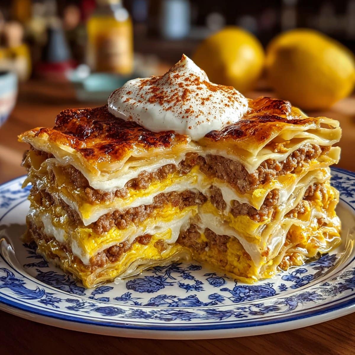 A golden slice of breakfast lasagna layered with thin pancakes, sausage, scrambled eggs, and creamy cheese sauce, topped with sour cream on a plate.