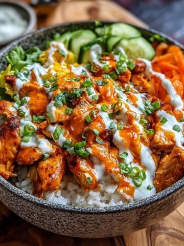 Buffalo chicken bowl with spicy buffalo chicken over rice, topped with ranch dressing, cucumbers, carrots, celery, and green onions.