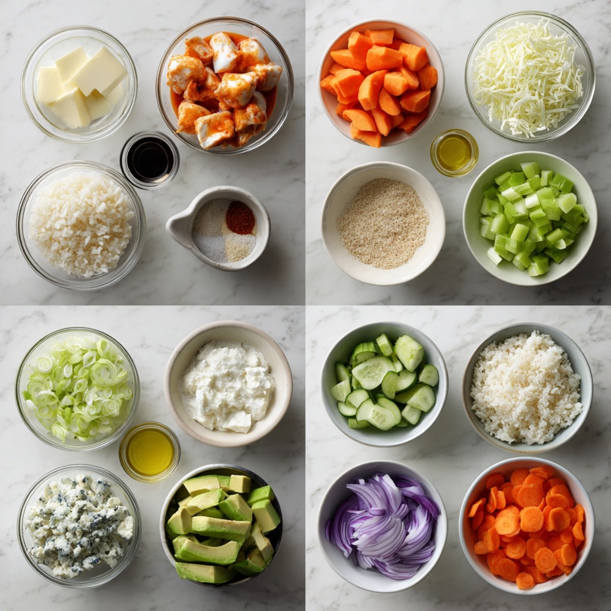 Buffalo chicken bowl ingredients on a white marble counter in a 4-grid flat lay.