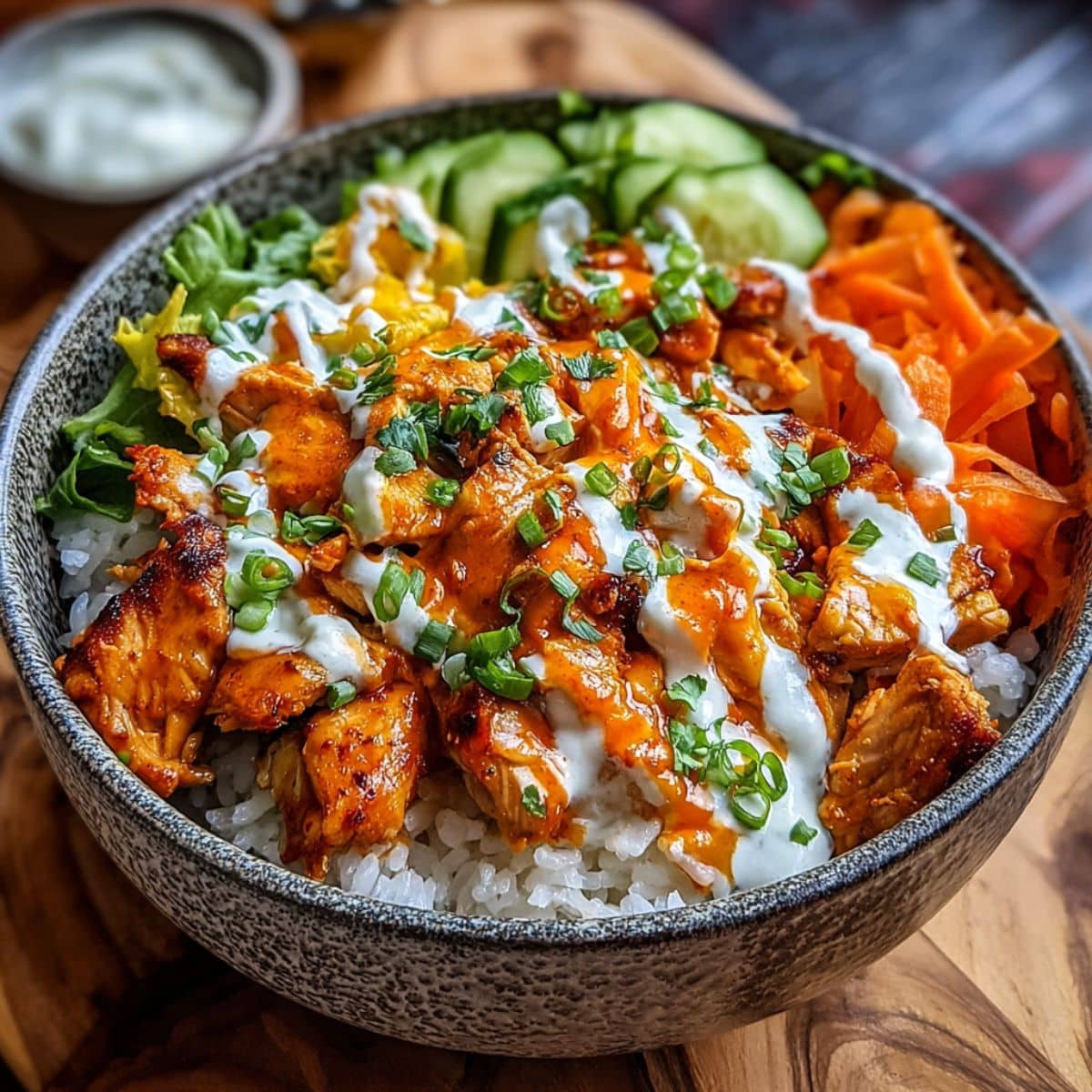 Buffalo chicken bowl with spicy buffalo chicken over rice, topped with ranch dressing, cucumbers, carrots, celery, and green onions.