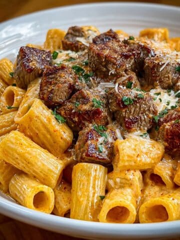 Cajun Steak Tips in Cheesy Rigatoni Parmesan Sauce served in a bowl with creamy Parmesan sauce, seared steak bites, and parsley.