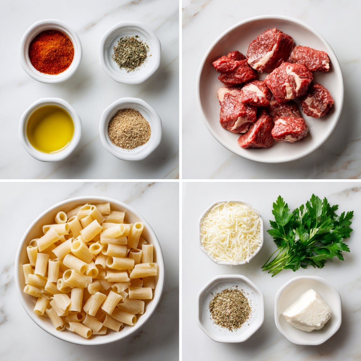 Ingredients for Cajun Steak Tips in Cheesy Rigatoni Parmesan Sauce on a white marble counter.