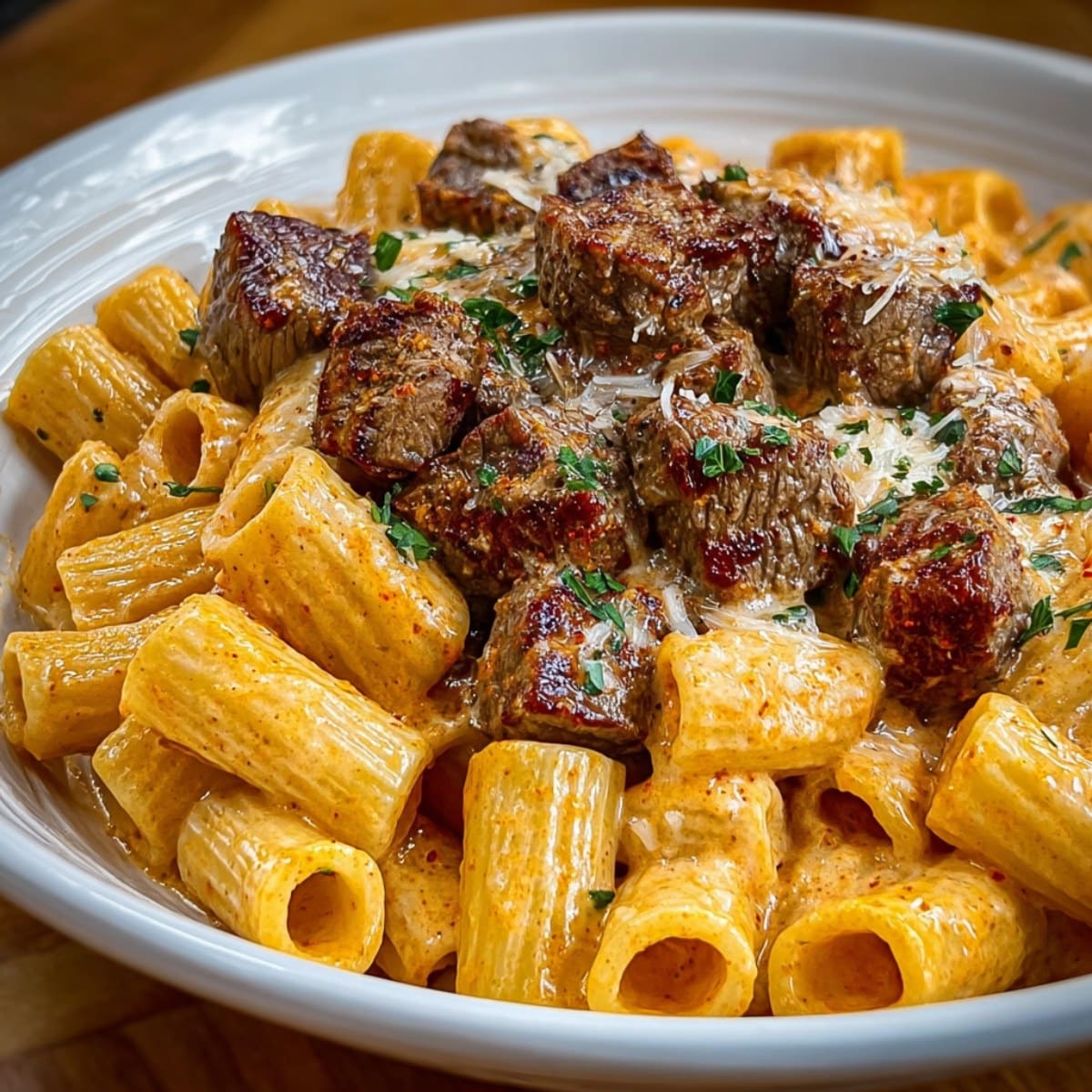 Cajun Steak Tips in Cheesy Rigatoni Parmesan Sauce served in a bowl with creamy Parmesan sauce, seared steak bites, and parsley.