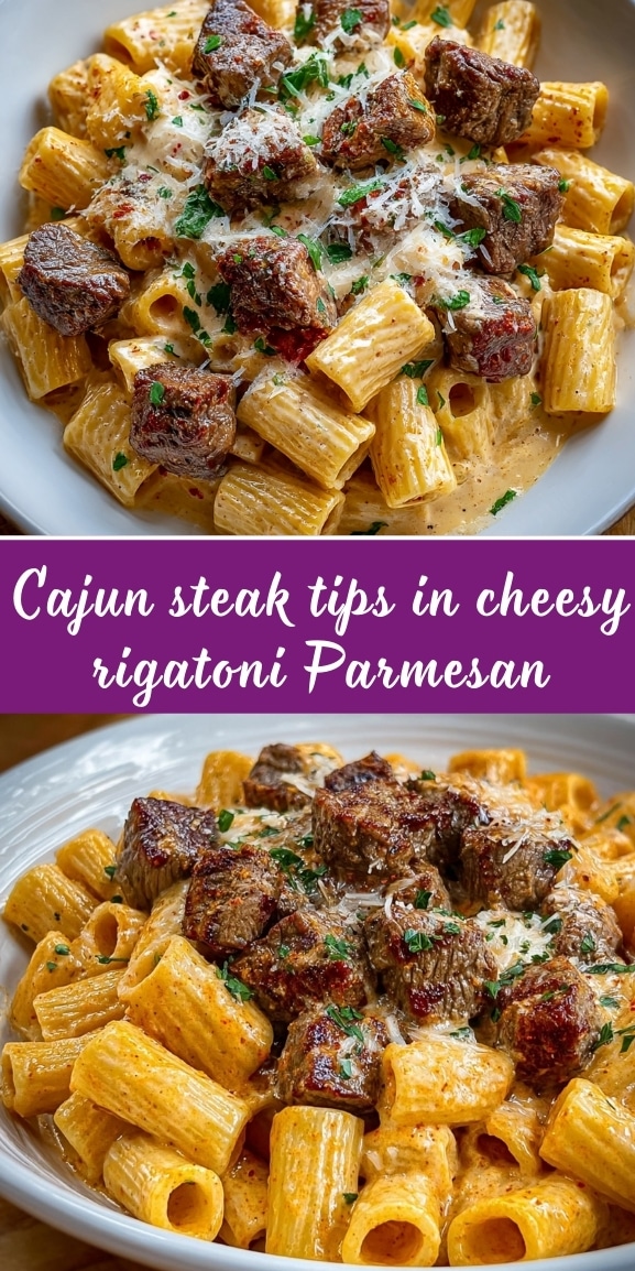 Cajun steak tips in cheesy rigatoni Parmesan sauce served in a creamy Cajun Parmesan sauce with parsley and grated cheese.