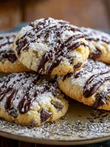 Cannoli cookies with mini chocolate chips, powdered sugar, and dark chocolate drizzle on a plate.