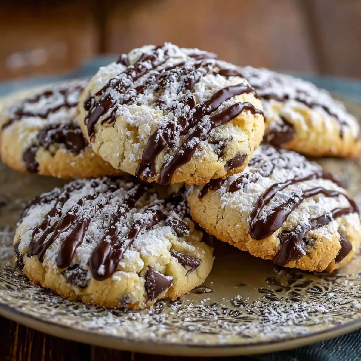 Cannoli cookies with mini chocolate chips, powdered sugar, and dark chocolate drizzle on a plate.