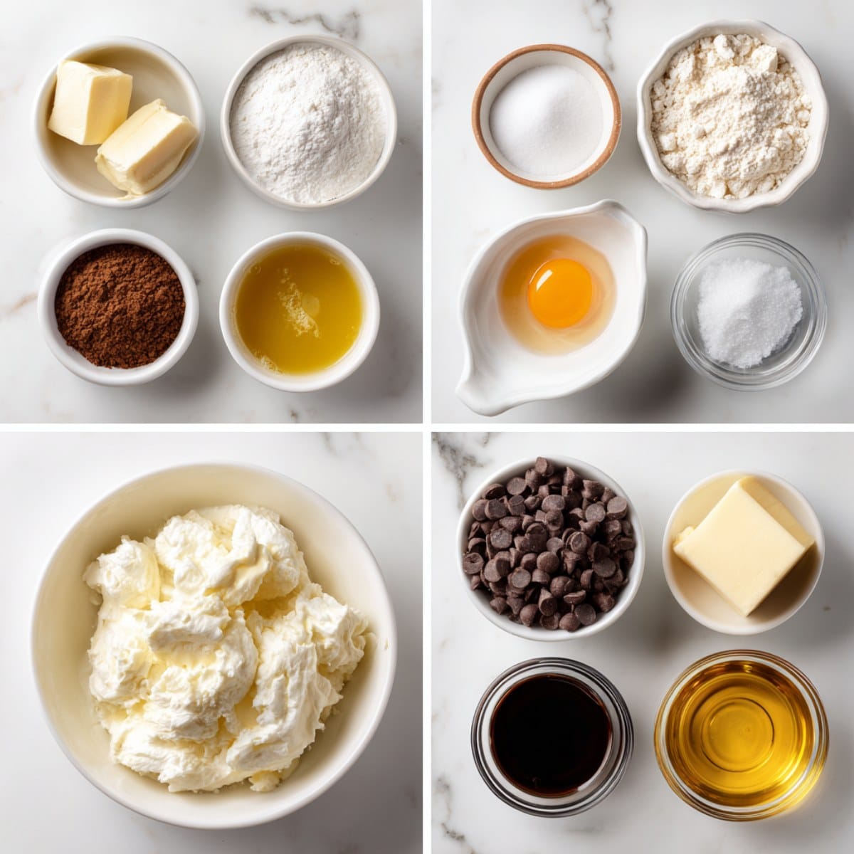 Cannoli cookies ingredients arranged in a 4-grid flat lay on a white marble counter.