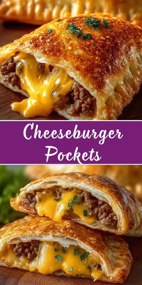 Flaky golden cheeseburger pockets stuffed with seasoned ground beef and gooey melted cheddar, shown cut open with cheese stretching. Vertical recipe pin collage with “Cheeseburger Pockets” text banner.