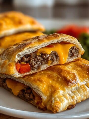 Golden flaky cheeseburger pockets filled with seasoned ground beef, diced peppers, and gooey melted cheddar, shown cut open on a plate.