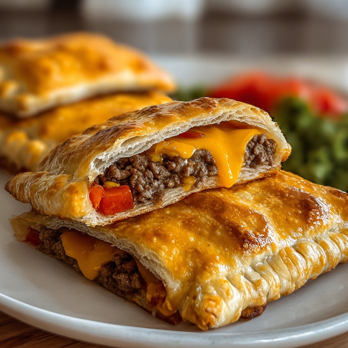 Golden flaky cheeseburger pockets filled with seasoned ground beef, diced peppers, and gooey melted cheddar, shown cut open on a plate.