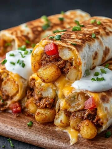 Cheesy potato burritos sliced open with seasoned beef, crispy potatoes, and gooey melted cheese, served with sour cream and green onions on a wooden board.