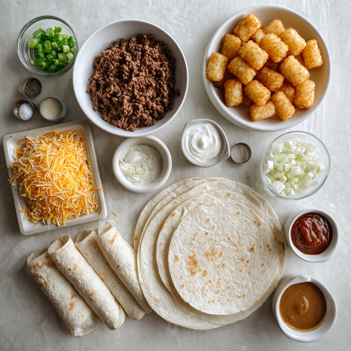 Cheesy potato burritos ingredients on a white counter: tortillas, seasoned ground beef, crispy tater tots, shredded cheddar and Monterey Jack, sour cream, chipotle sauce, and green onions.