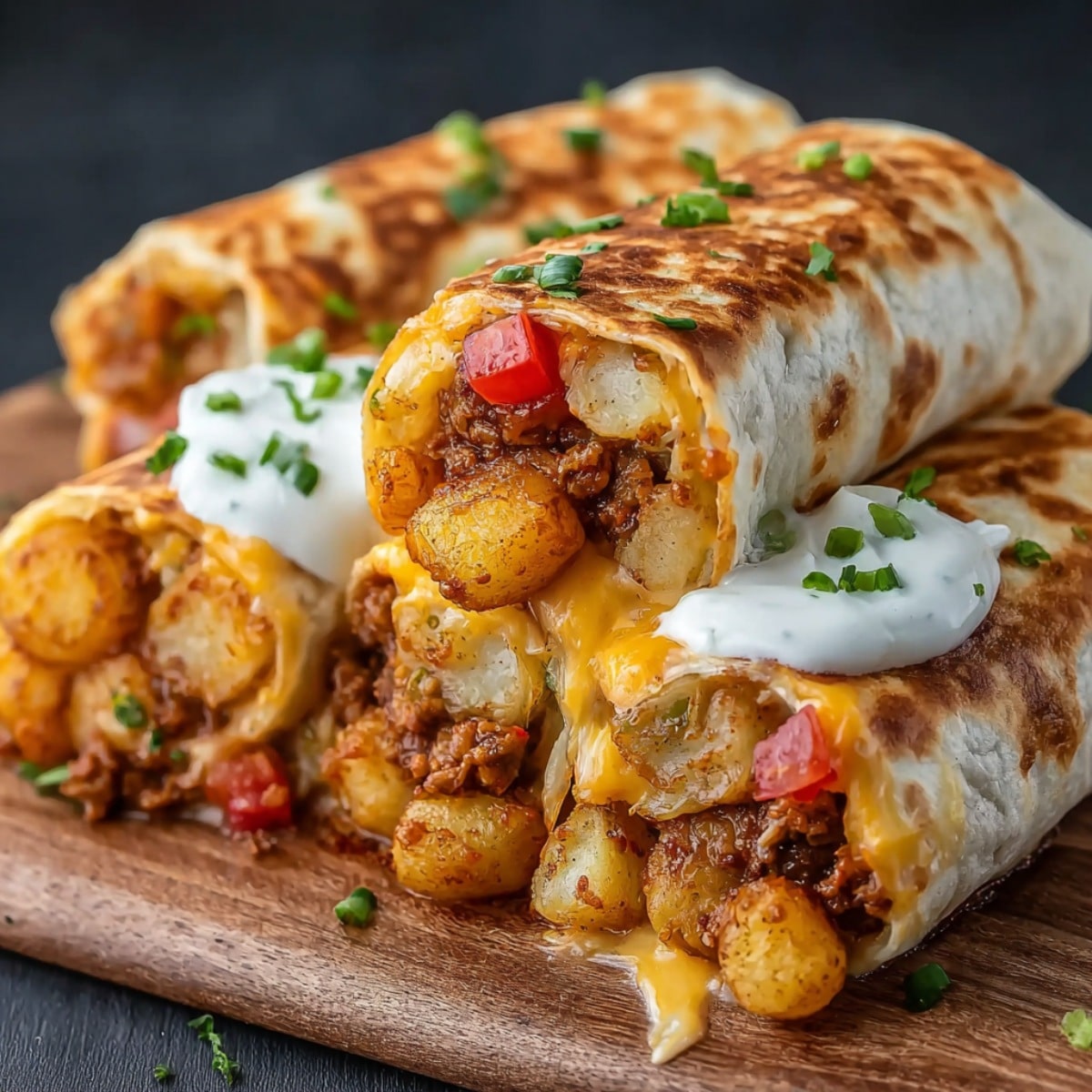 Cheesy potato burritos sliced open with seasoned beef, crispy potatoes, and gooey melted cheese, served with sour cream and green onions on a wooden board.