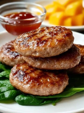 Juicy chicken breakfast sausage patties stacked on fresh spinach with a small bowl of dipping sauce and fruit cubes in the background.