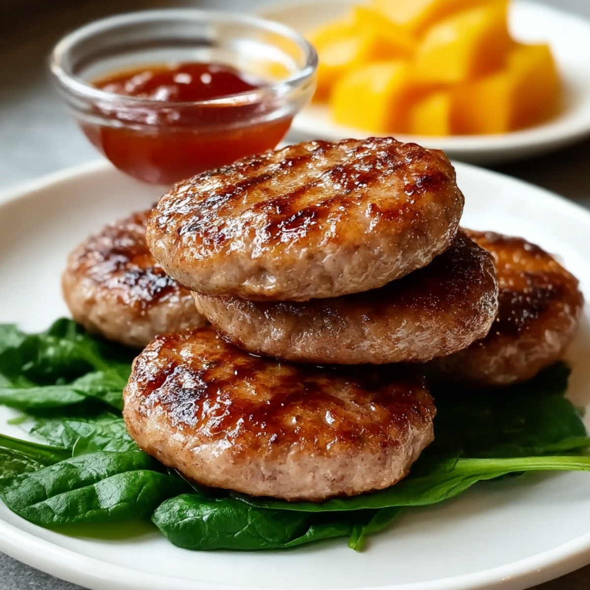 Juicy chicken breakfast sausage patties stacked on fresh spinach with a small bowl of dipping sauce and fruit cubes in the background.