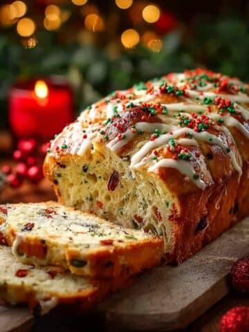 Christmas bread loaf with vanilla glaze and festive sprinkles, sliced on a wooden board.