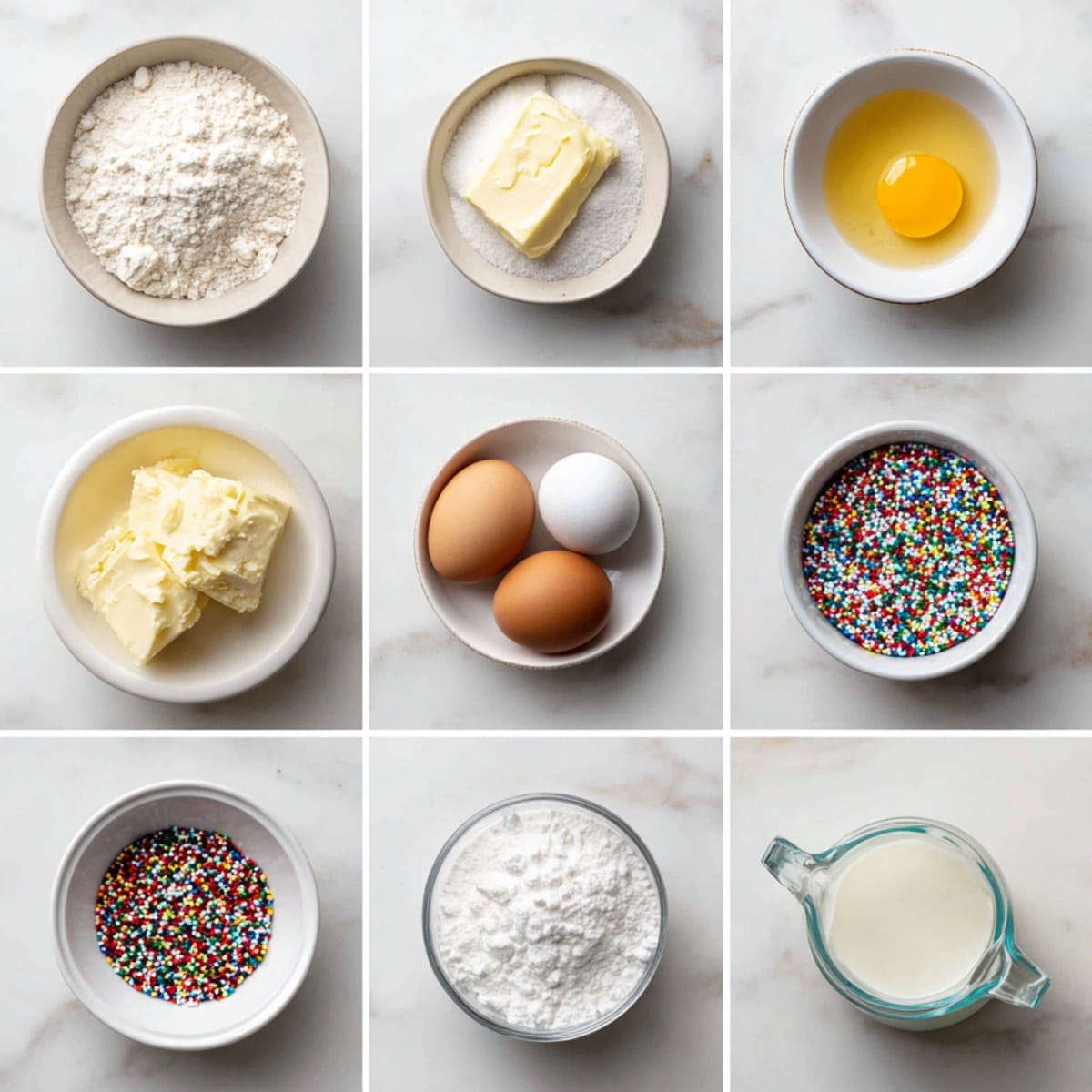 Christmas bread ingredients arranged in a 4-grid flat lay on a white marble counter.