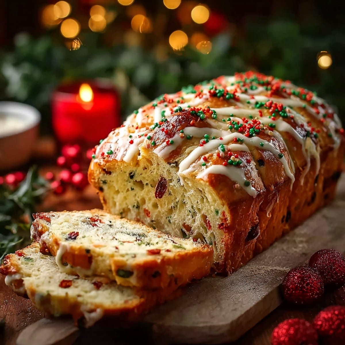 Christmas bread loaf with vanilla glaze and festive sprinkles, sliced on a wooden board.