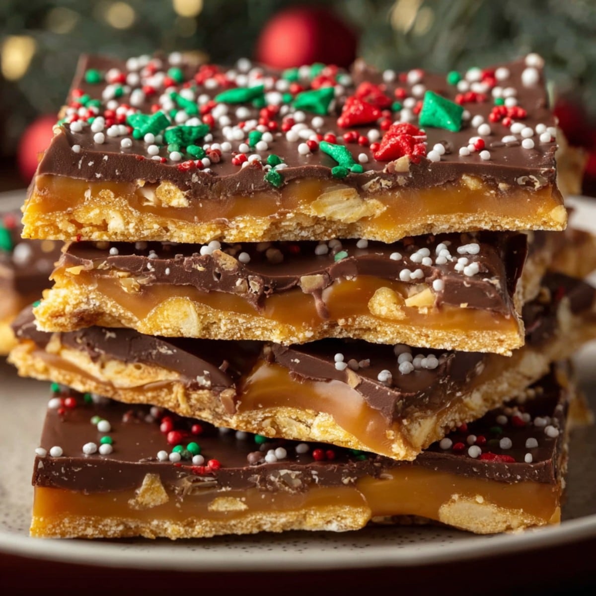 Christmas crack recipe bark stacked on a plate with saltine toffee, thick melted chocolate layer, and red-green holiday sprinkles.
