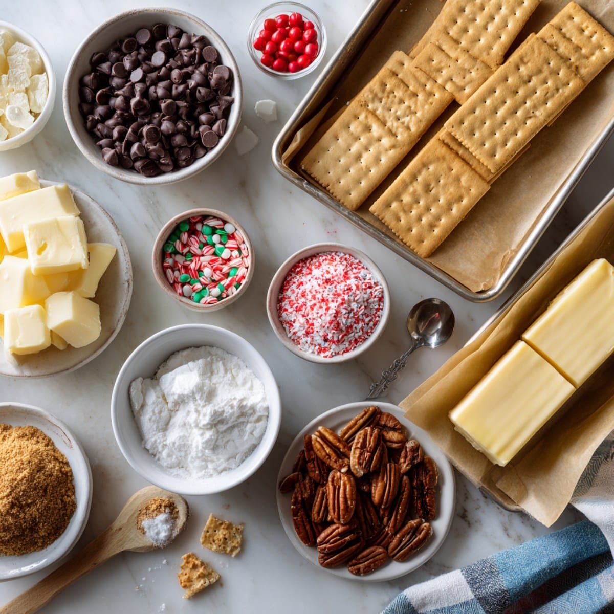 Christmas crack recipe ingredients on a white counter: saltines, butter, brown sugar, chocolate chips, and holiday toppings ready for toffee bark.