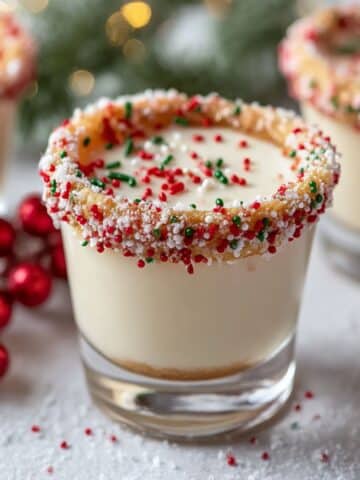 Festive Christmas sugar cookie shots with sprinkle-rimmed glasses filled with creamy vanilla cookie liqueur.