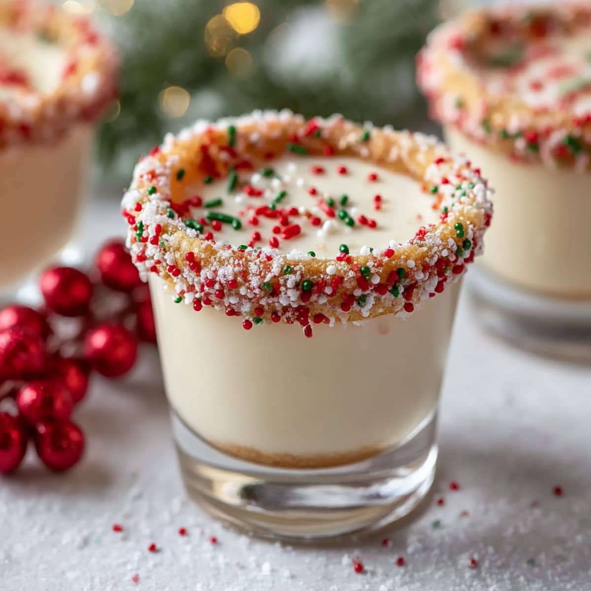 Festive Christmas sugar cookie shots with sprinkle-rimmed glasses filled with creamy vanilla cookie liqueur.