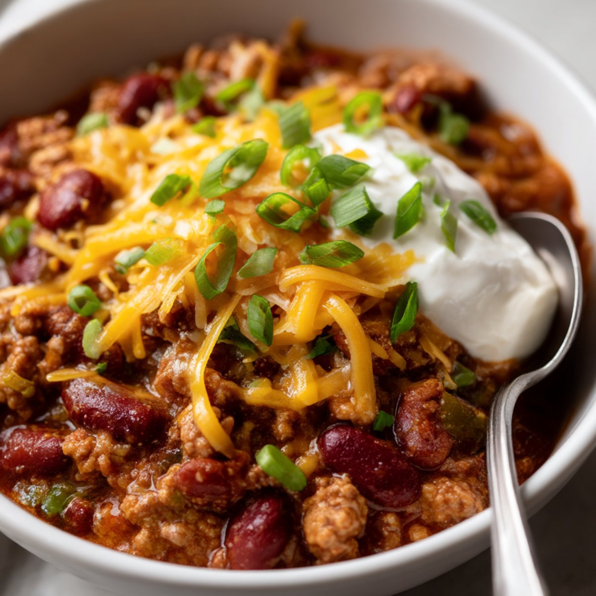 Hearty homemade chili with ground beef, kidney beans, melted cheddar cheese, sour cream, and green onions in a bowl.
