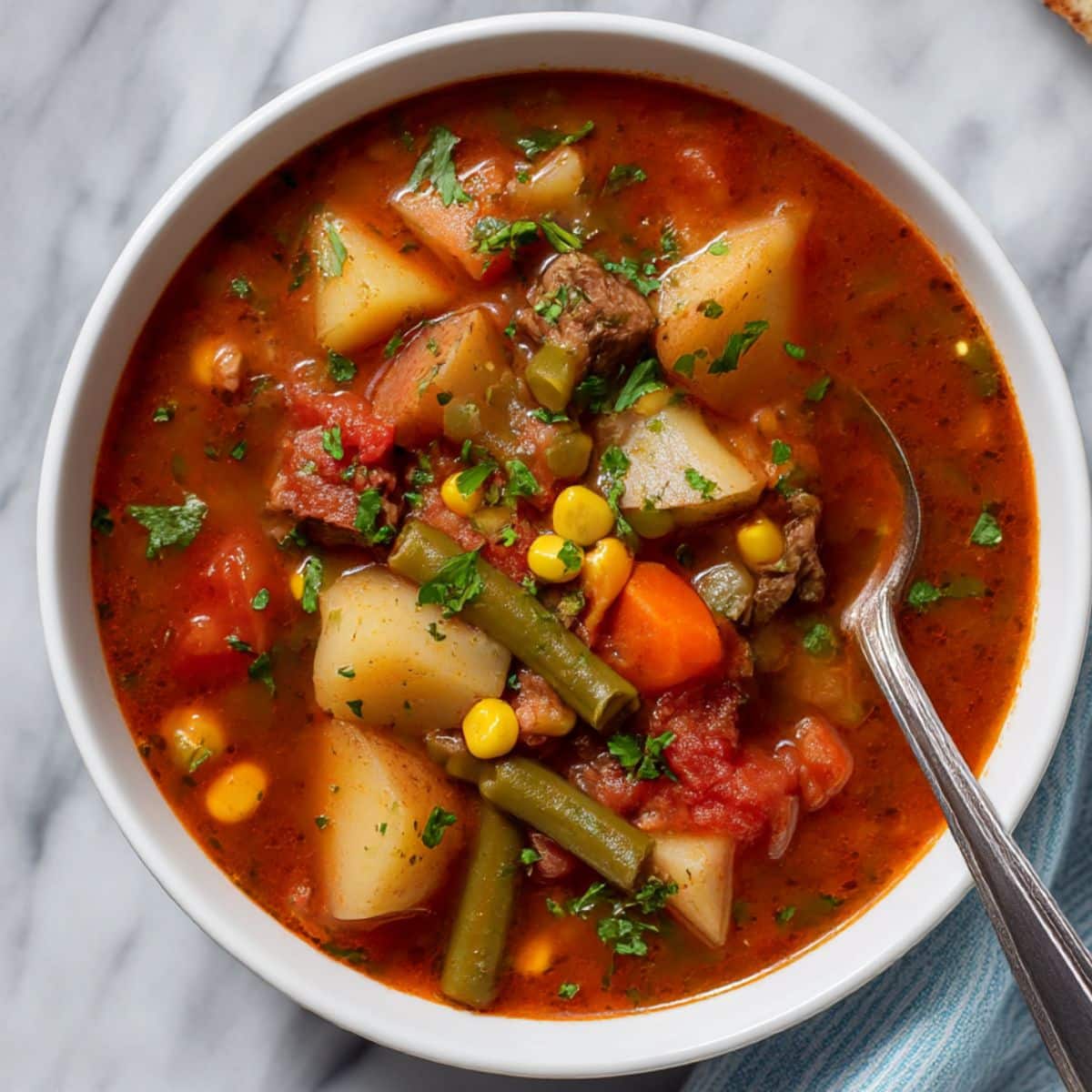 Homemade vegetable beef soup in a white bowl on marble counter, filled with tender beef chunks, potatoes, green beans, corn, carrots, and tomatoes in rich tomato broth, garnished with fresh parsley and served with a spoon.