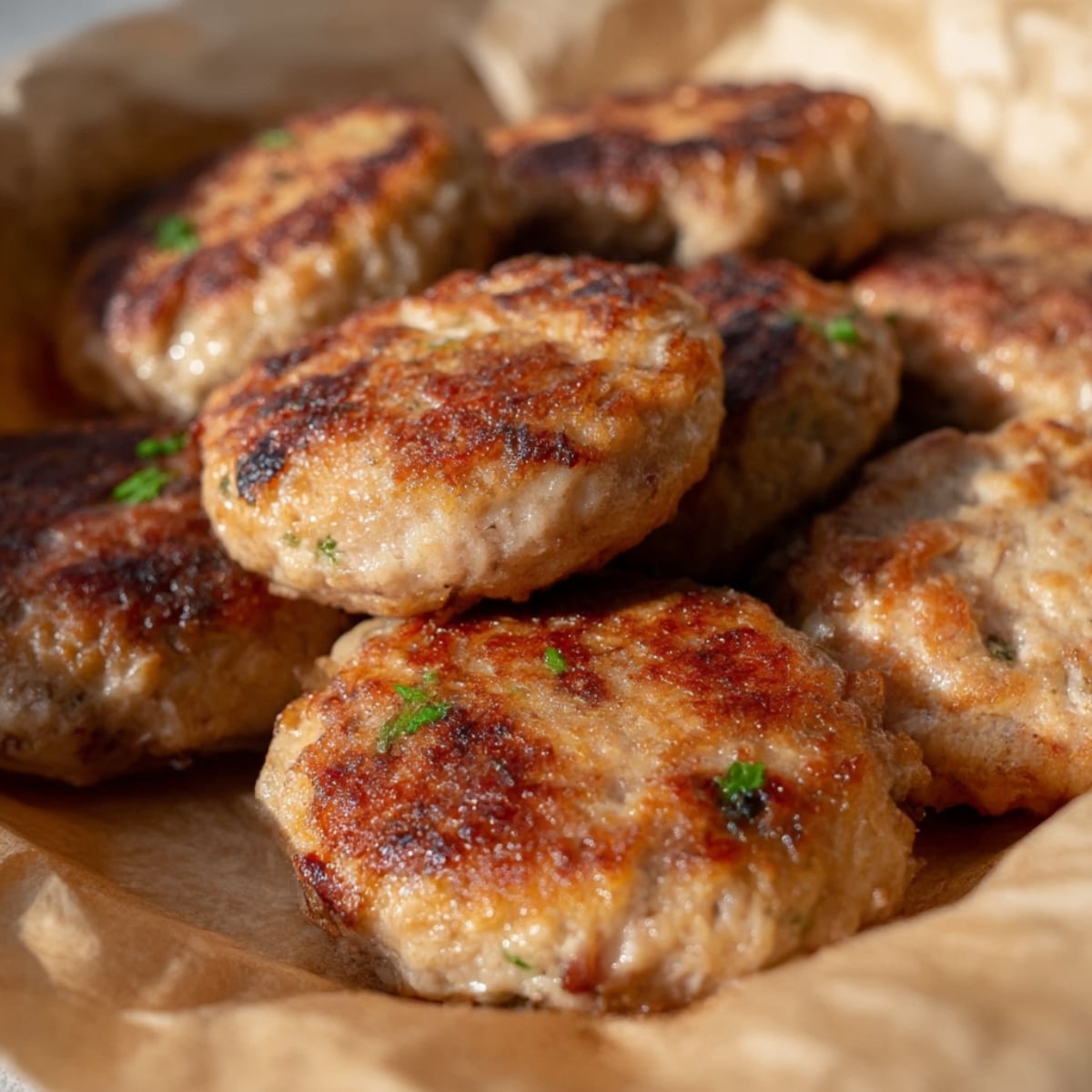 Pan-seared turkey breakfast sausage patties resting on parchment paper, golden brown and juicy with crispy edges.