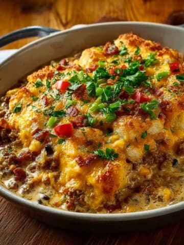 Cowboy casserole in a deep skillet with crispy tater tots, seasoned ground beef, corn, and a creamy sauce topped with melted cheddar.