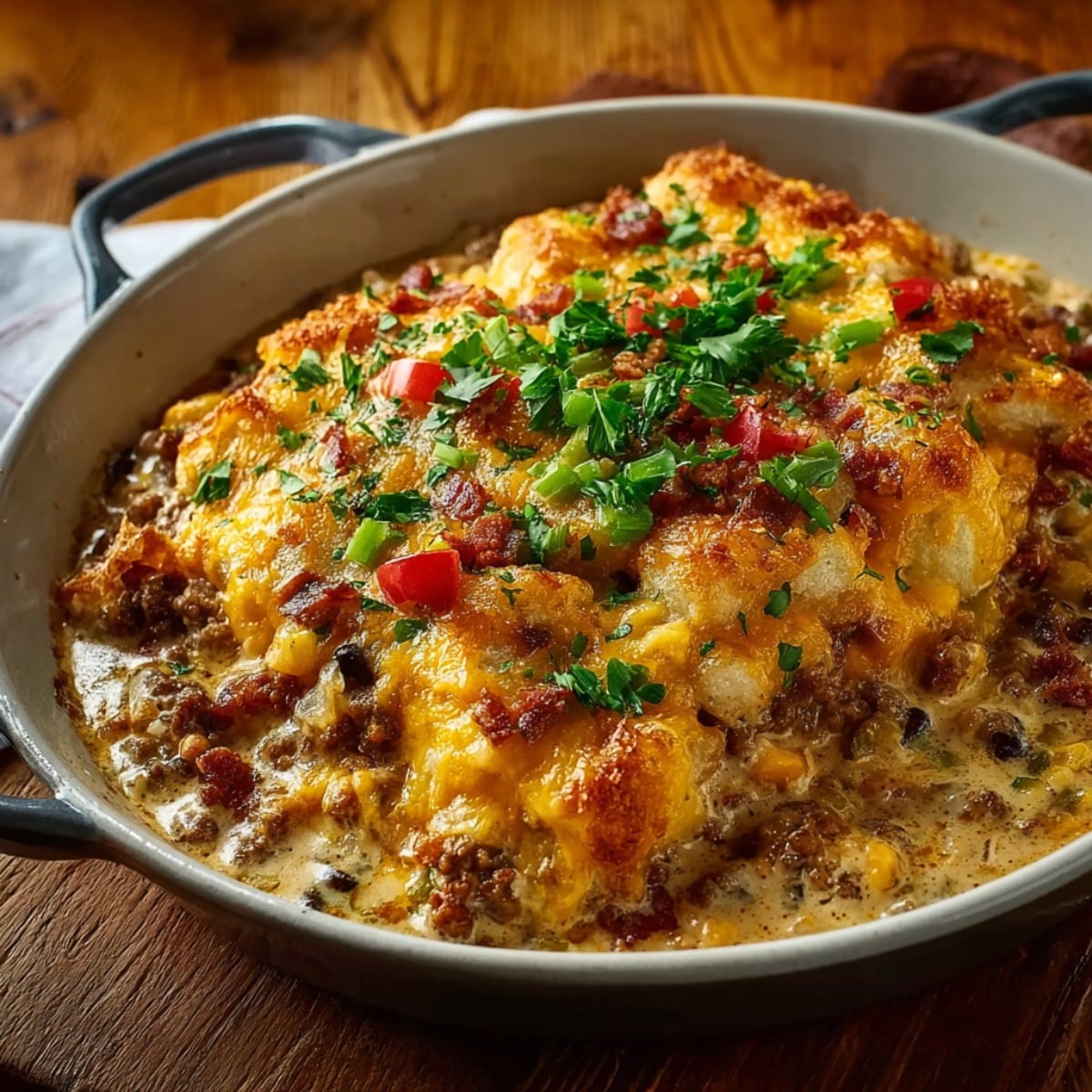 Cowboy casserole in a deep skillet with crispy tater tots, seasoned ground beef, corn, and a creamy sauce topped with melted cheddar.