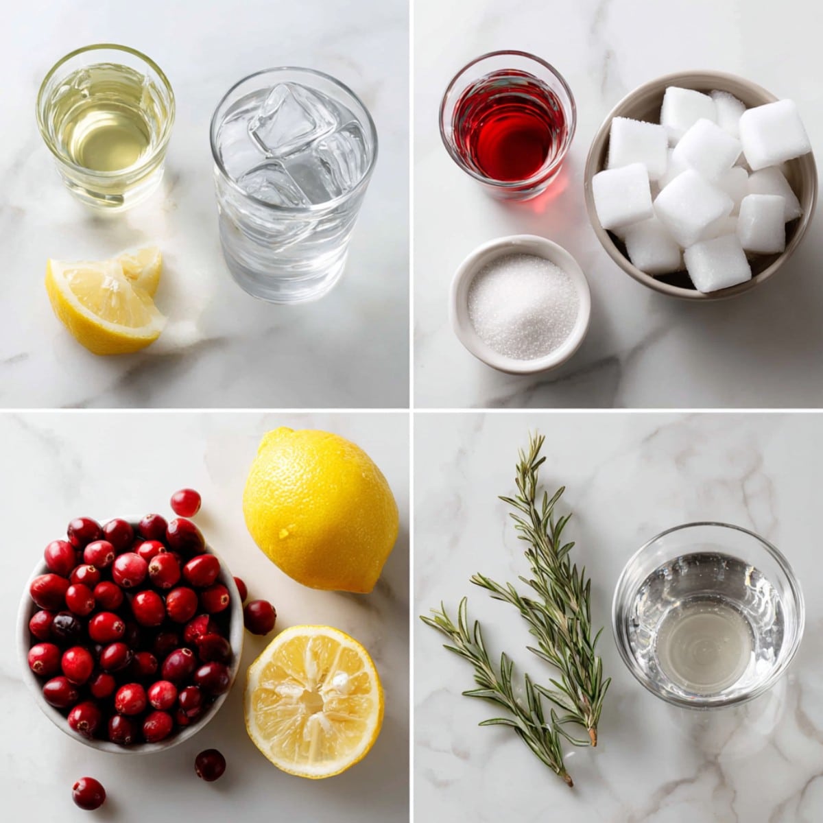 Cranberry lemon drop ingredients in a 4-grid flat lay on a white marble counter.